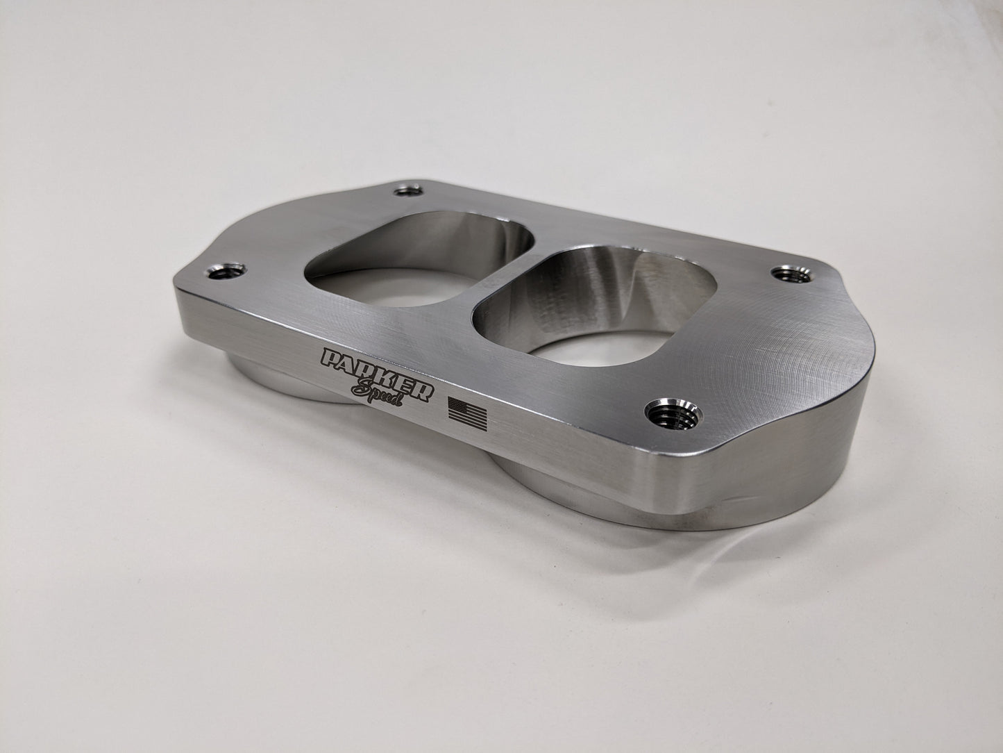 Parker Speed T6 Dual 3 inch divided turbo flange bottom view showing divided ports and four mounting holes
