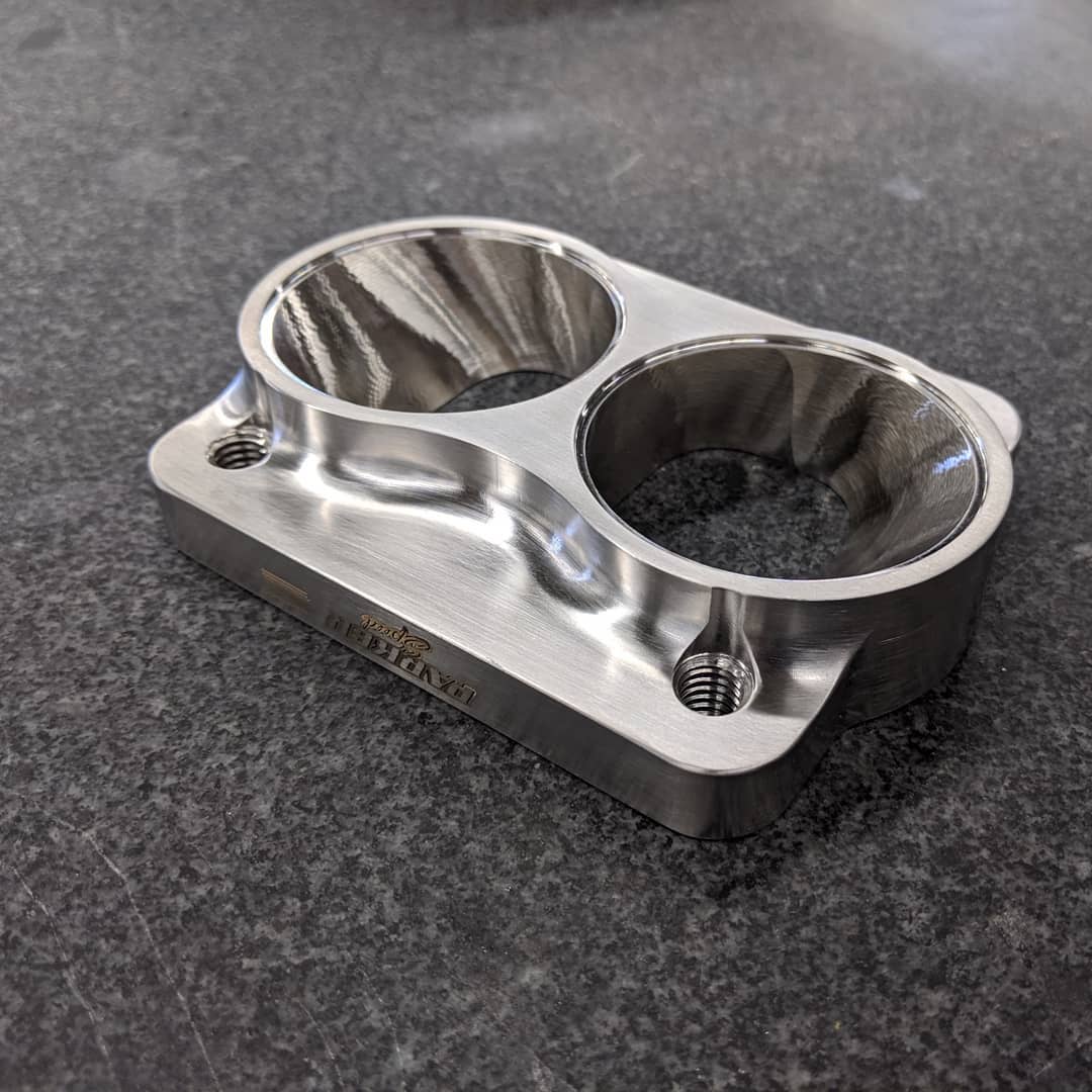 Parker Speed T4 dual 2.25 inch tube divided turbo flange for twin turbo applications, CNC machined from 304L stainless steel